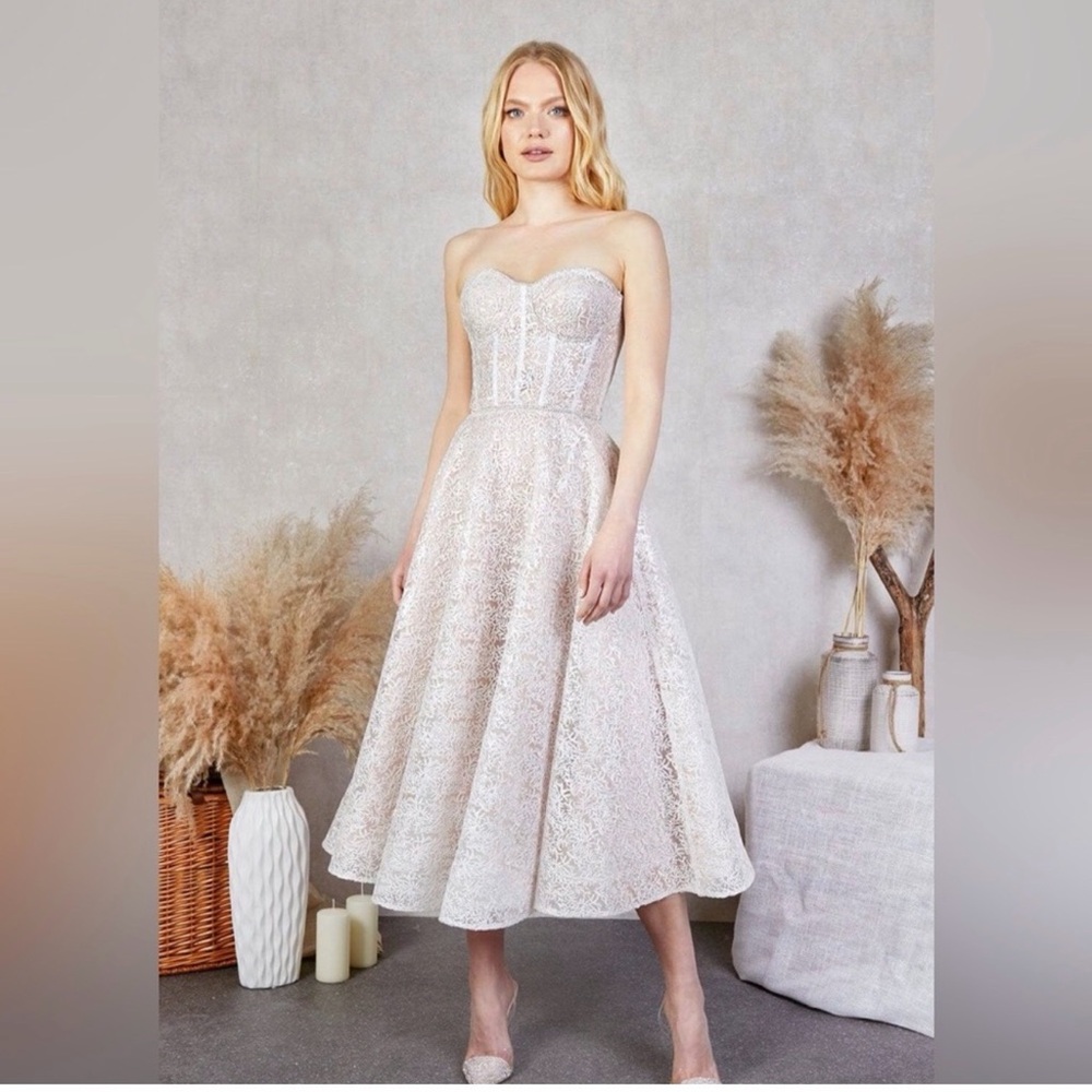 NADINE MERABI Strapless Sparkle Lace Midi Dress in Light Blush